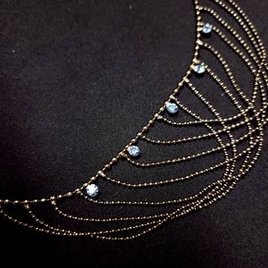 Hot Topic Dark Silver Ball Chain Choker Necklace with Light Blue Jewel Accents